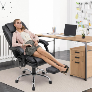 heated ergonomic office chair showcasing its retractable foot rest 